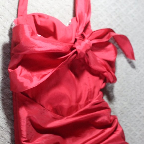 Flirt by Maggie Sottero Size S Red Ruched Satin Halter with Beading - Picture 3 of 6